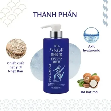 Sữa tắm trắng da Hatomugi Body Soap màu xanh 600ml / 800ml – Làm sạch dịu nhẹ, cấp ẩm mềm mịn chuẩn Nhật Bản