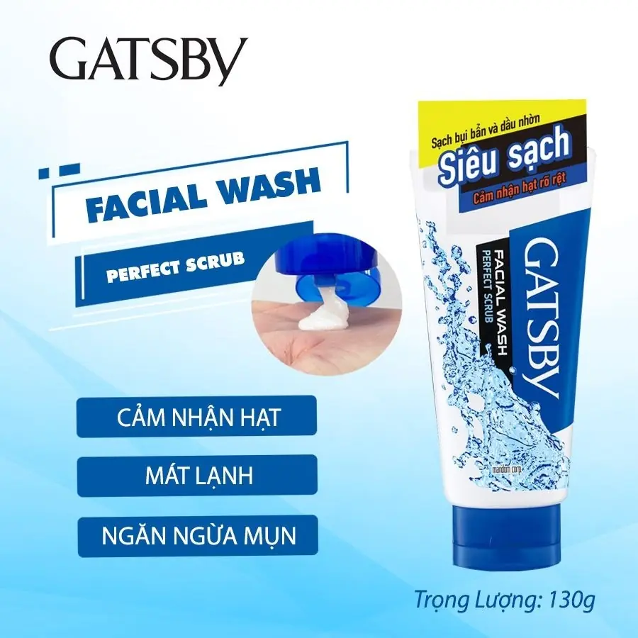 Sữa rửa mặt Gatsby Perfect Scrub 130g – Làm sạch sâu, giảm dầu & mát lạnh sảng khoái