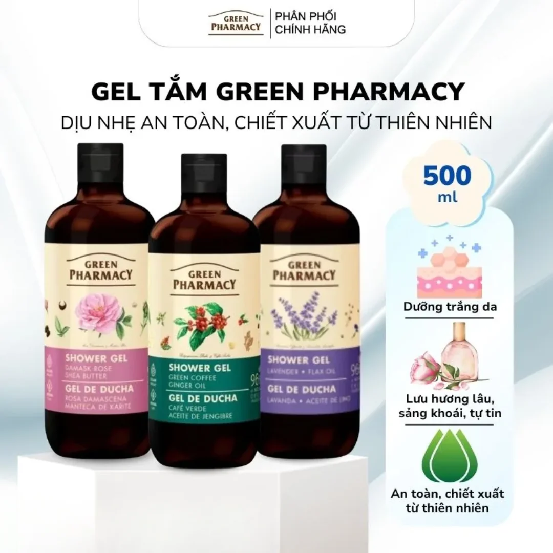 Gel Tắm Green Pharmacy 500ml (Cà Phê Xanh & Gừng / Hoa Hồng Damask & Bơ Hạt Mỡ / Oải Hương & Hạt Lanh)