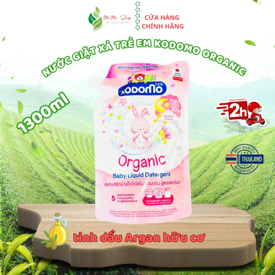 Nước giặt quần áo trẻ em Kodomo Organic tinh dầu Argan 580ml – Giải pháp làm sạch hữu cơ, dưỡng vải mềm mại từ Thái Lan